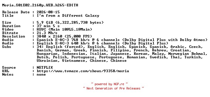 NFO for the release Moria.S01E02.2160p.WEB.h265-EDITH by EDITH