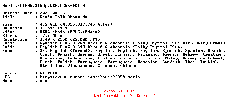 NFO for the release Moria.S01E06.2160p.WEB.h265-EDITH by EDITH