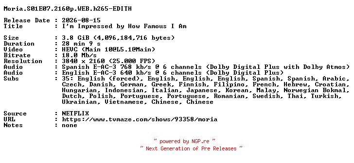NFO for the release Moria.S01E07.2160p.WEB.h265-EDITH by EDITH