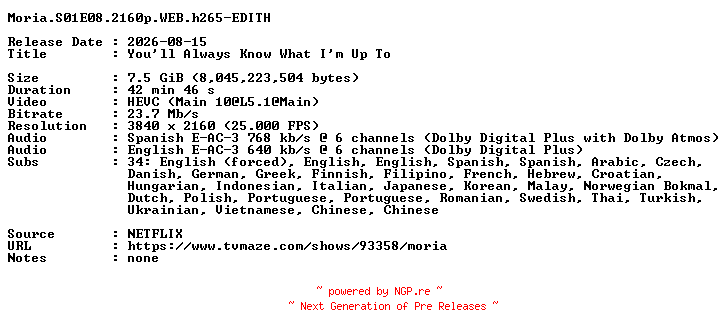 NFO for the release Moria.S01E08.2160p.WEB.h265-EDITH by EDITH