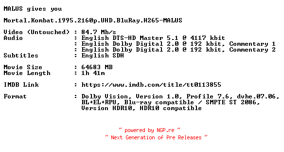 NFO for the release Mortal.Kombat.1995.2160p.UHD.BluRay.H265-MALUS by MALUS