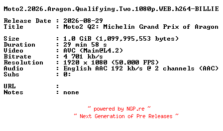 NFO for the release Moto2.2026.Aragon.Qualifying.Two.1080p.WEB.h264-BILLIE by BILLIE