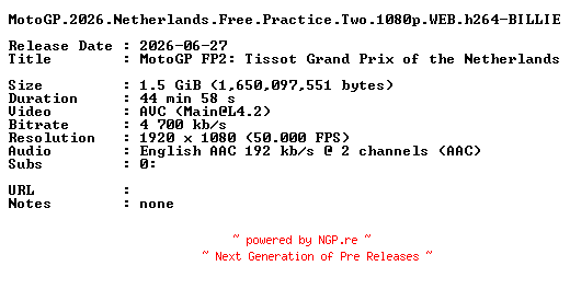 NFO for the release MotoGP.2026.Netherlands.Free.Practice.Two.1080p.WEB.h264-BILLIE by BILLIE