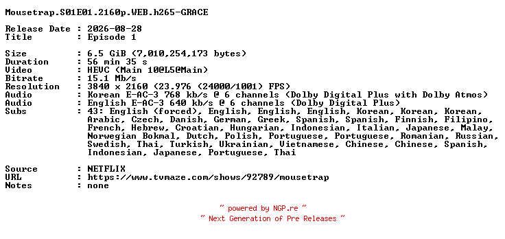 NFO for the release Mousetrap.S01E01.2160p.WEB.h265-GRACE by GRACE