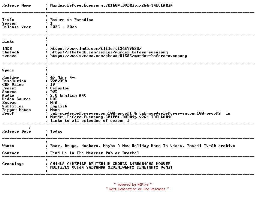 NFO for the release Murder.Before.Evensong.S01E01.DVDRip.x264-TABULARiA by TABULARiA