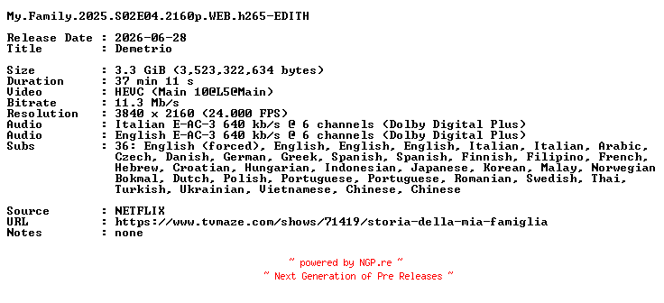 NFO for the release My.Family.2025.S02E04.2160p.WEB.h265-EDITH by EDITH