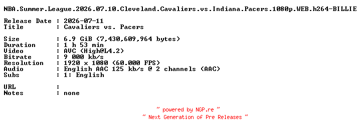 NFO for the release NBA.Summer.League.2026.07.10.Cleveland.Cavaliers.vs.Indiana.Pacers.1080p.WEB.h264-BILLIE by BILLIE