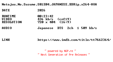 NFO for the release Netojuu.No.Susume.S01E04.JAPANESE.BDRip.x264-HOA by HOA