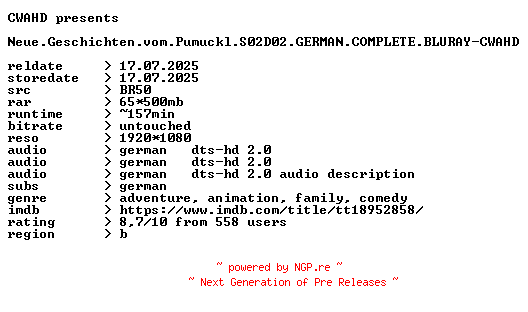 NFO for the release Neue.Geschichten.vom.Pumuckl.S02D02.GERMAN.COMPLETE.BLURAY-CWAHD by CWAHD