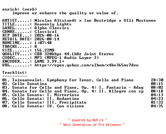 NFO for the release Nicolas_Altstaedt_x_Ian_Bostridge_x_Olli_Mustonen-Heavenly_Lights-WEB-2026-ENRiCH by ENRiCH