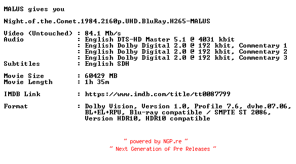 NFO for the release Night.of.the.Comet.1984.2160p.UHD.BluRay.H265-MALUS by MALUS