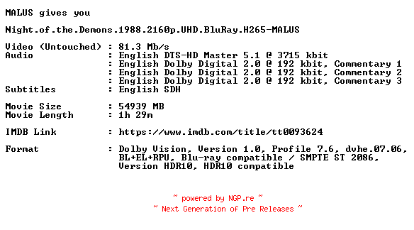NFO for the release Night.of.the.Demons.1988.2160p.UHD.BluRay.H265-MALUS by MALUS