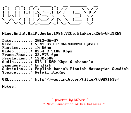 NFO for the release Nine.And.A.Half.Weeks.1986.720p.BluRay.x264-WHiSKEY by WHiSKEY