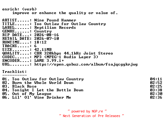NFO for the release Nine_Pound_Hammer-Too_Outlaw_for_Outlaw_Country-EP-WEB-2026-ENRiCH by ENRiCH