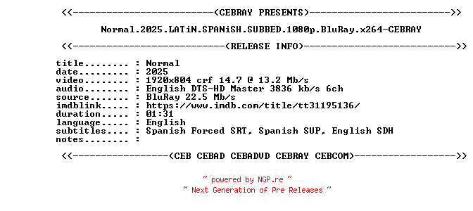 NFO for the release Normal.2025.LATiN.SPANiSH.SUBBED.1080p.BluRay.x264-CEBRAY by CEBRAY