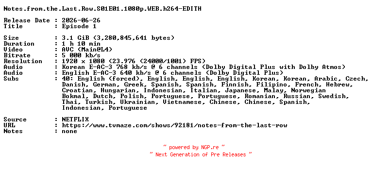 NFO for the release Notes.from.the.Last.Row.S01E01.1080p.WEB.h264-EDITH by EDITH