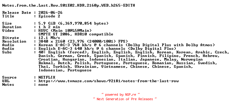 NFO for the release Notes.from.the.Last.Row.S01E02.HDR.2160p.WEB.h265-EDITH by EDITH