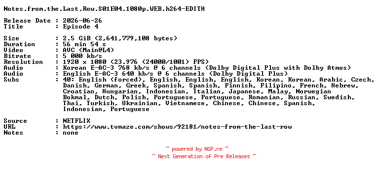 NFO for the release Notes.from.the.Last.Row.S01E04.1080p.WEB.h264-EDITH by EDITH
