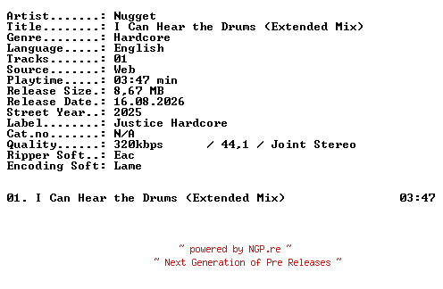 NFO for the release Nugget-I_Can_Hear_the_Drums_(Extended_Mix)-SINGLE-WEB-2025-XTC_iNT by XTC_iNT