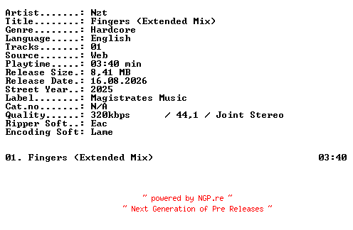NFO for the release Nzt-Fingers_(Extended_Mix)-SINGLE-WEB-2025-XTC_iNT by XTC_iNT