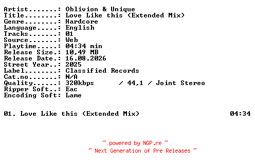 NFO for the release Oblivion_and_Unique-Love_Like_this_(Extended_Mix)-SINGLE-WEB-2025-XTC_iNT by XTC_iNT