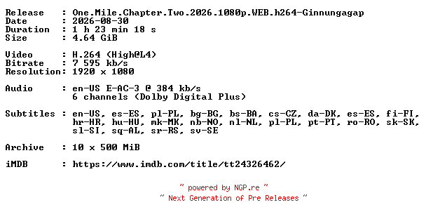 NFO for the release One.Mile.Chapter.Two.2026.1080p.WEB.h264-Ginnungagap by Ginnungagap