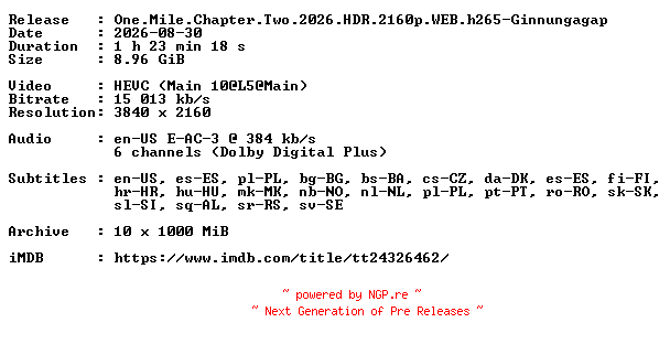 NFO for the release One.Mile.Chapter.Two.2026.HDR.2160p.WEB.h265-Ginnungagap by Ginnungagap