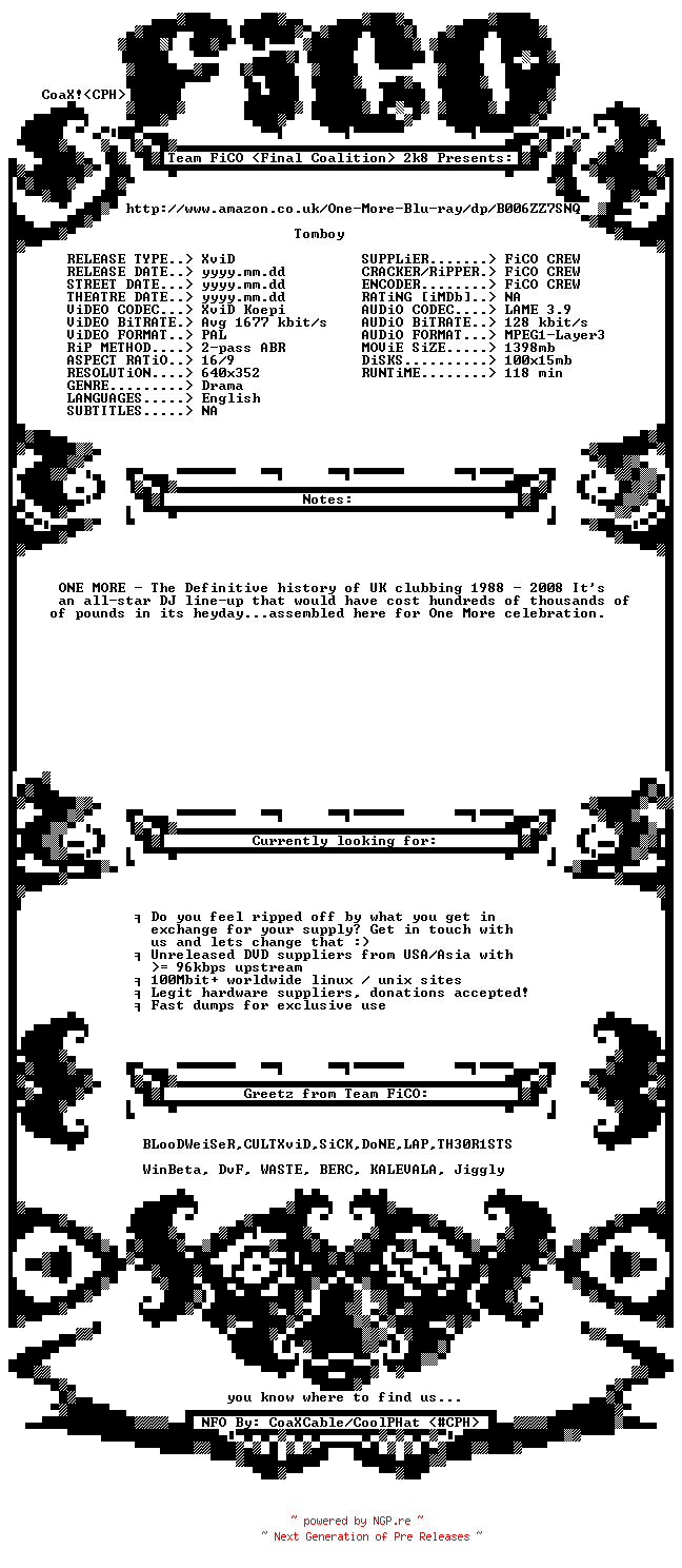 NFO for the release One.More.A.Definitive.History.Of.UK.Clubbing.1988.2008.BDRip.XviD-FiCO by FiCO