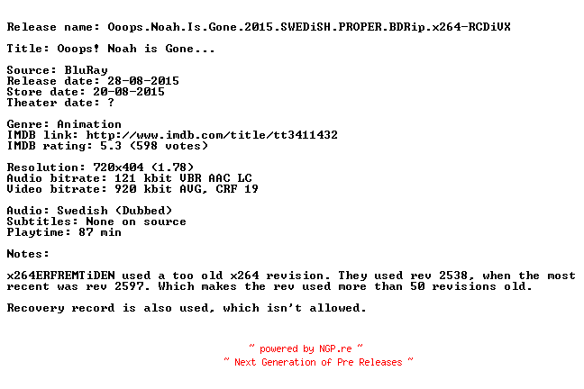 NFO for the release Ooops.Noah.Is.Gone.2015.SWEDiSH.PROPER.BDRip.x264-RCDiVX by RCDiVX