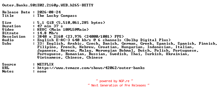 NFO for the release Outer.Banks.S01E02.2160p.WEB.h265-BETTY by BETTY