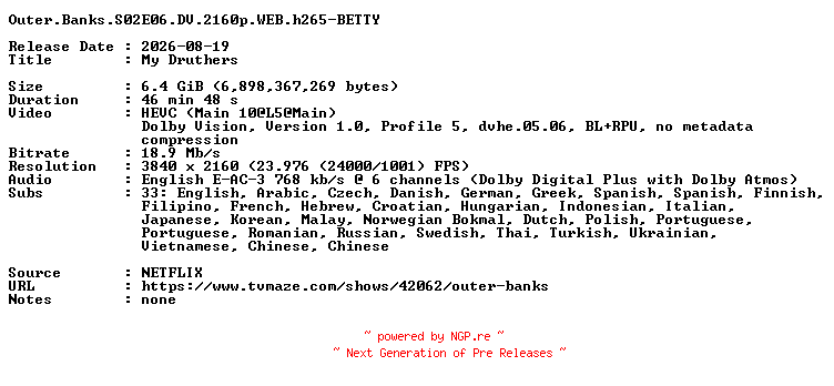 NFO for the release Outer.Banks.S02E06.DV.2160p.WEB.h265-BETTY by BETTY
