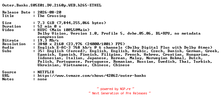 NFO for the release Outer.Banks.S05E01.DV.2160p.WEB.h265-ETHEL by ETHEL