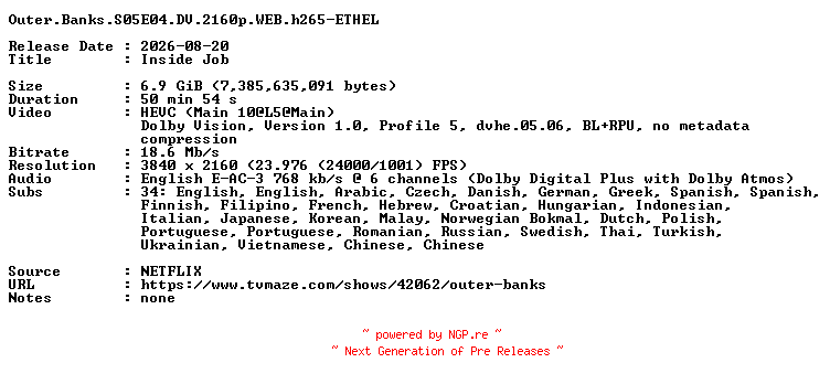 NFO for the release Outer.Banks.S05E04.DV.2160p.WEB.h265-ETHEL by ETHEL