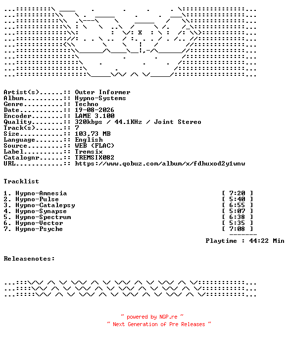 NFO for the release Outer_Informer-Hypno-Systems-TREMSIX082-WEB-2026-WAV by WAV
