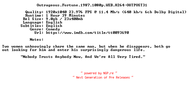 NFO for the release Outrageous.Fortune.1987.1080p.WEB.H264-OUTPOST31 by OUTPOST31