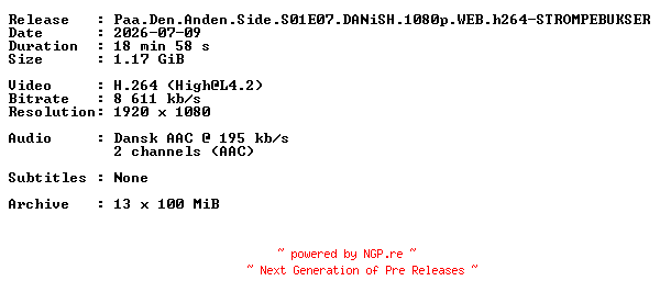 NFO for the release Paa.Den.Anden.Side.S01E07.DANiSH.1080p.WEB.h264-STROMPEBUKSER by STROMPEBUKSER