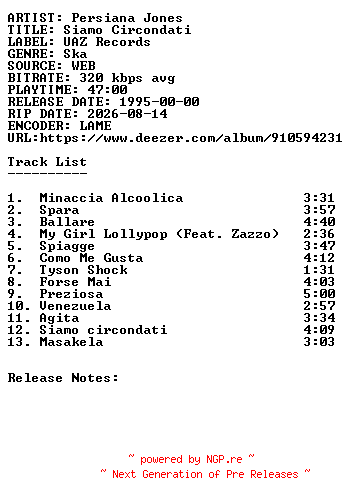 NFO for the release Persiana_Jones-Siamo_Circondati-WEB-IT-1995-SDR by SDR