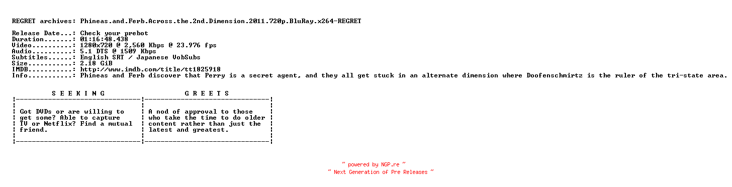NFO for the release Phineas.and.Ferb.Across.the.2nd.Dimension.2011.720p.BluRay.x264-REGRET by REGRET