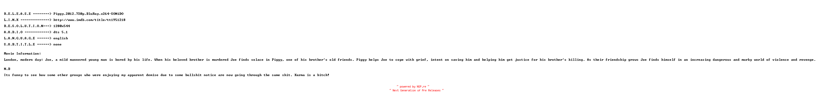 NFO for the release Piggy.2012.720p.BluRay.x264-SONiDO by SONiDO