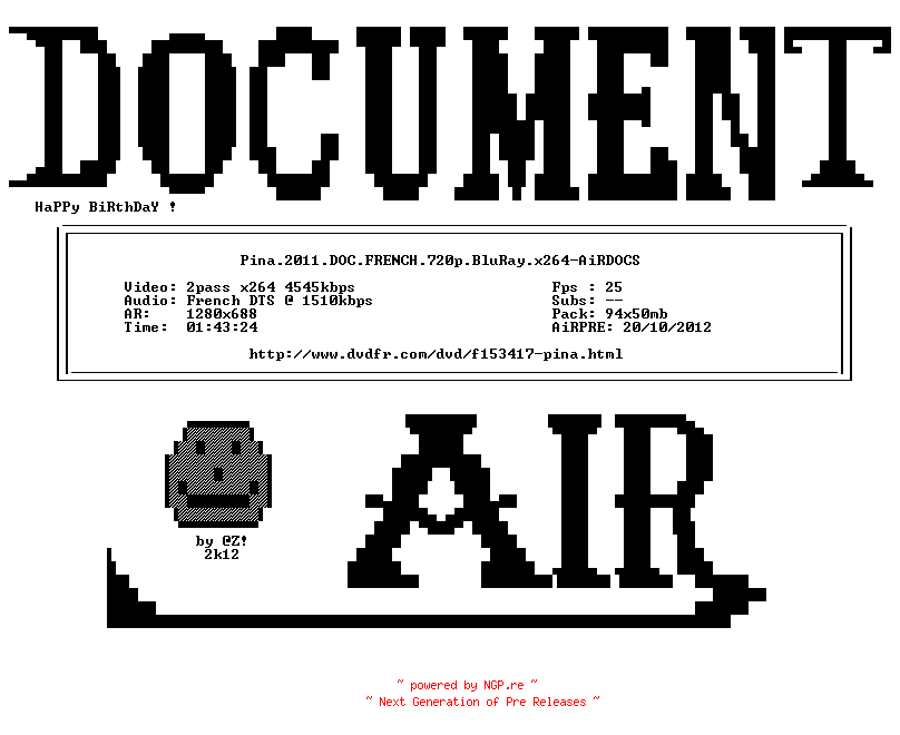 NFO for the release Pina.2011.DOC.FRENCH.720p.BluRay.x264-AiRDOCS by AiRDOCS