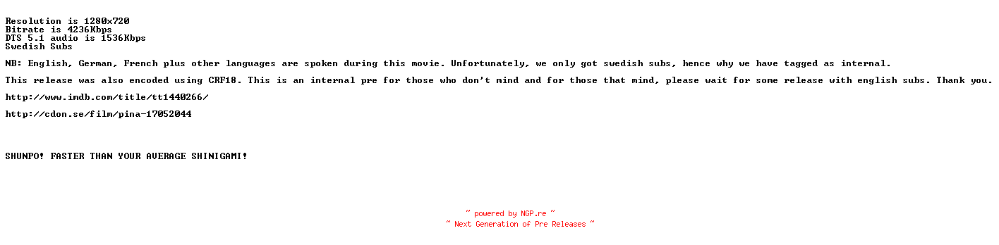 NFO for the release Pina.2011.INTERNAL.720p.BluRay.x264-SHUNPO by SHUNPO