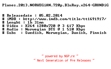 NFO for the release Planes.2013.NORWEGiAN.720p.BluRay.x264-GRUNDiG by GRUNDiG