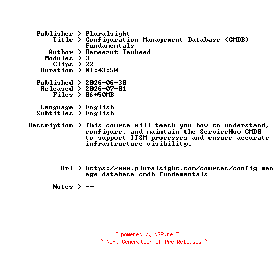 NFO for the release Pluralsight.Configuration.Management.Database.CMDB.Fundamentals.2026.BOOKWARE-GETH by GETH