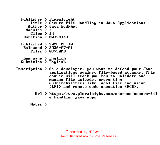 NFO for the release Pluralsight.Secure.File.Handling.in.Java.Applications.2026.BOOKWARE-GETH by GETH