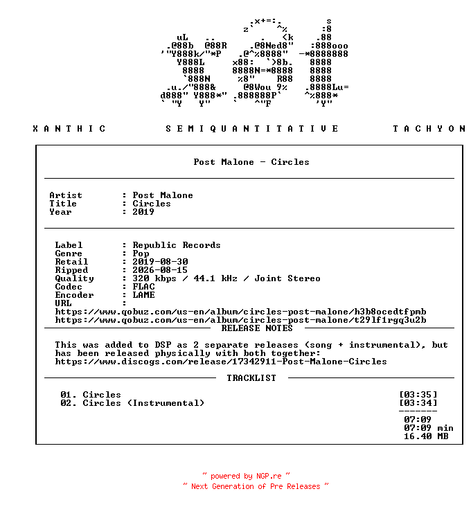 NFO for the release Post_Malone-Circles-WEB-2019-xST_INT by xST_INT