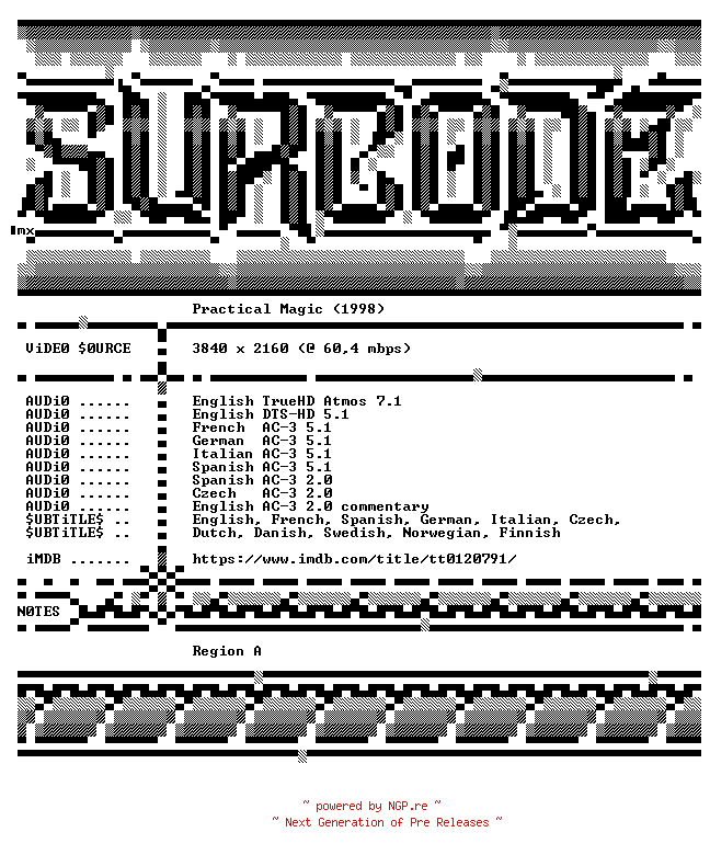 NFO for the release Practical.Magic.1998.COMPLETE.UHD.BLURAY-SURCODE by SURCODE