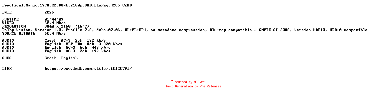 NFO for the release Practical.Magic.1998.CZ.DUAL.2160p.UHD.BluRay.H265-CZHD by CZHD