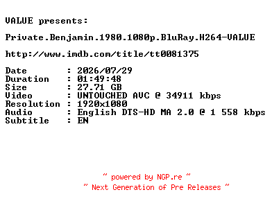 NFO for the release Private.Benjamin.1980.1080p.BluRay.H264-VALUE by VALUE