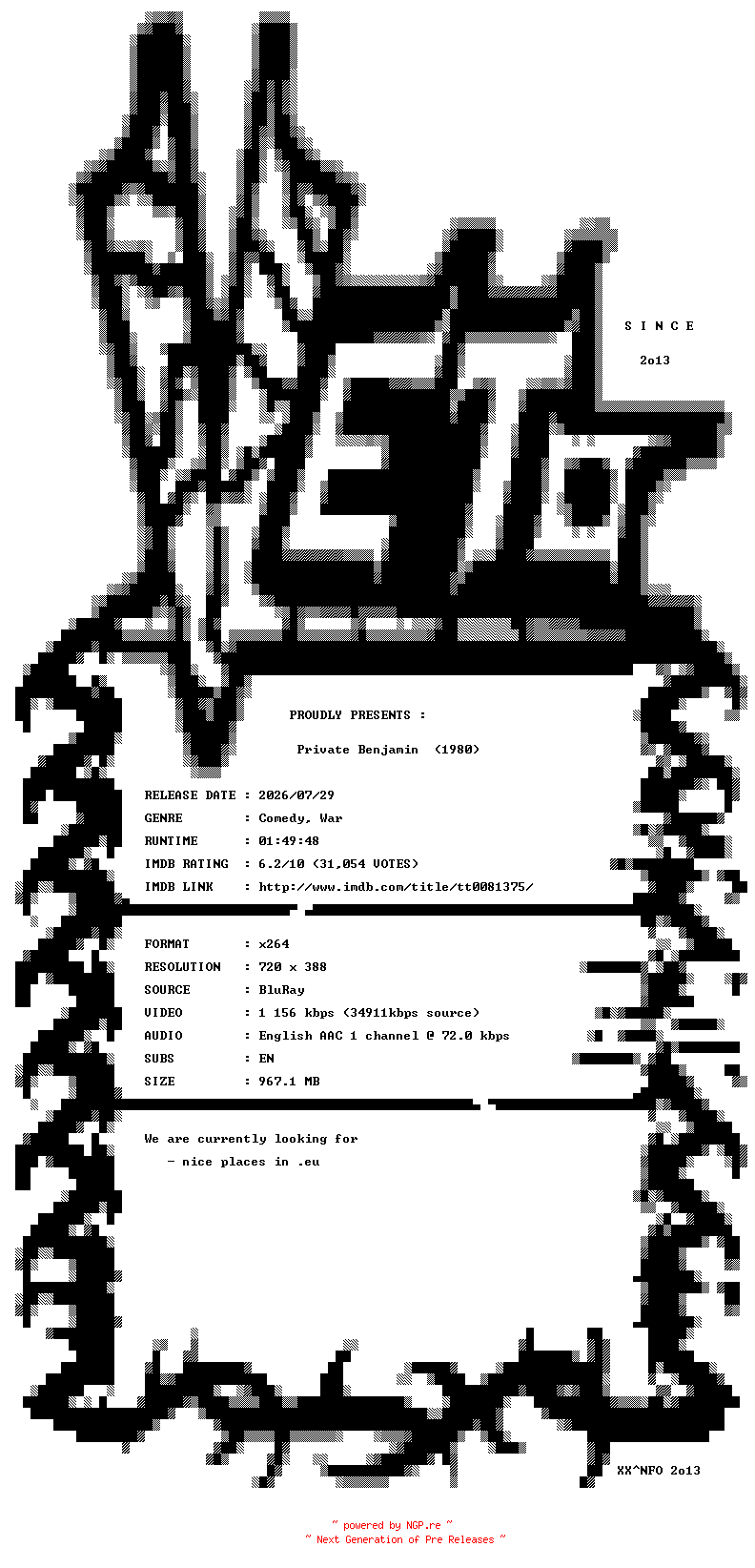 NFO for the release Private.Benjamin.1980.BDRip.x264-VETO by VETO