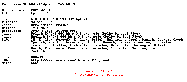NFO for the release Proud.2026.S01E04.2160p.WEB.h265-EDITH by EDITH